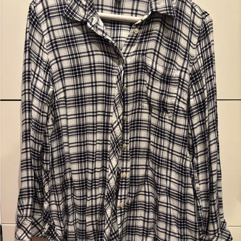 Talbots White and Black Plaid Button-Up Shirt